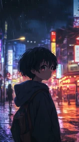 Rainlit city wanderer pausing under neon ghost reflections.