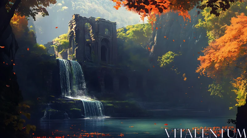 Ruined temple above cascades in autumn forest light.