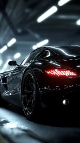 Low-angle render of black supercar with glossy reflections and LEDs