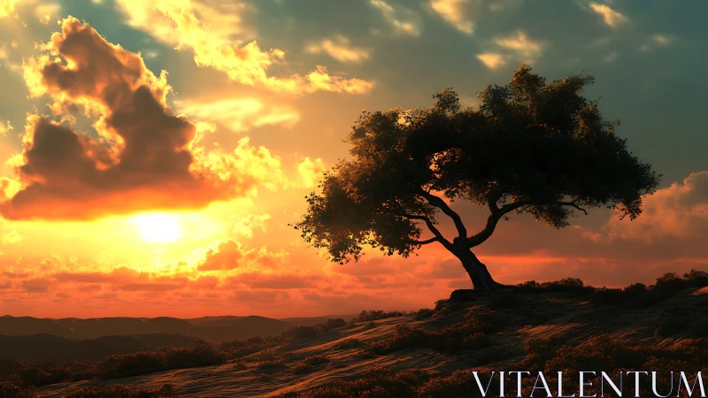 Solitary hillside tree against volumetric sunset cloudscape