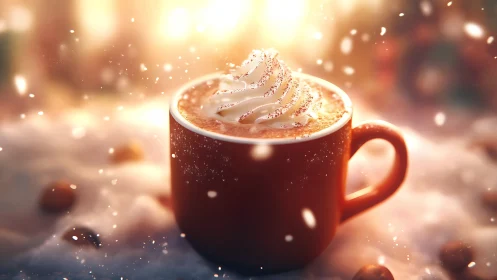 Creamy hot chocolate glows amid swirling winter sparkles.