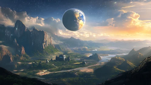 Orbital planet over mountainous alien valley under volumetric light