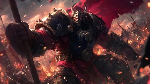 Battle hardened warlord strides through a blazing battlefield.