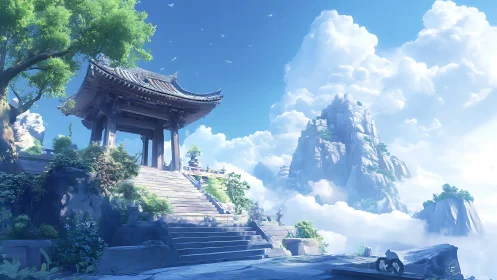 Mountain temple entrance stands above layered cloud-covered peaks