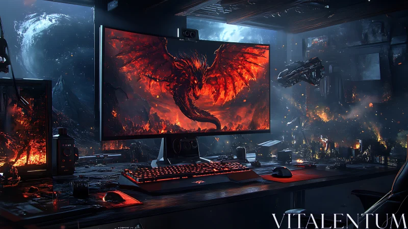 Futuristic gaming workstation with dragon battle display.