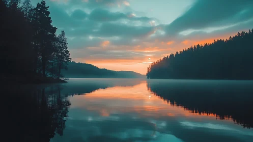 Gentle lakeside sunrise mirrored in soft morning mist.
