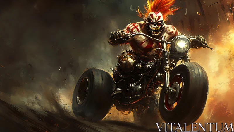 Clown-faced rider charges forward on heavy custom motorcycle