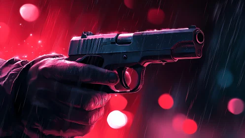 Neon lit handgun aims through rain in cinematic tension