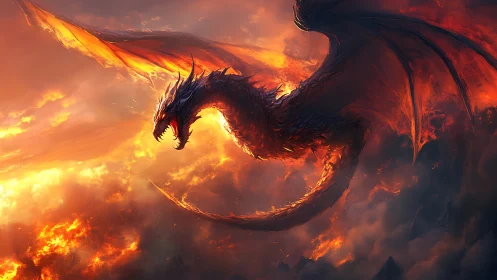 Infernal dragon soars through molten clouds in fiery dusk sky.