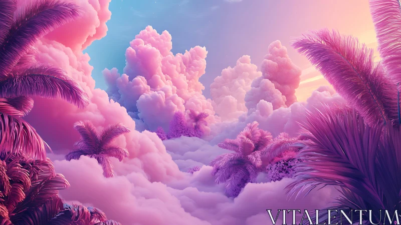 Pink cloudscape with stylized palm trees under soft sky.