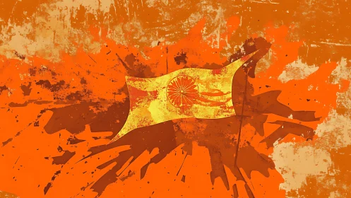 Abstract saffron flag with sun emblem on orange field.