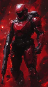 Armored crimson exosuit operative in ablative plasma storm.