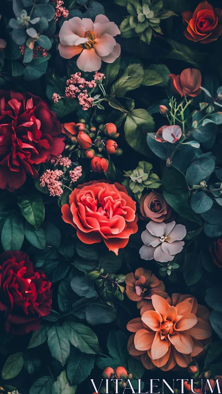 Layered Floral Arrangement with Roses and Foliage.