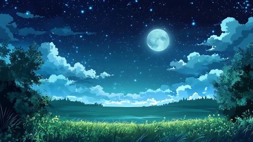 Moonlit lake under starry night sky and glowing clouds.