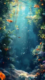 Sunlit underwater garden teems with colorful fish and life.