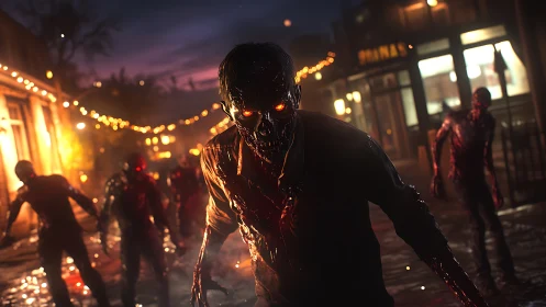 Glowing-eyed zombie stalks a deserted, neon-lit city street