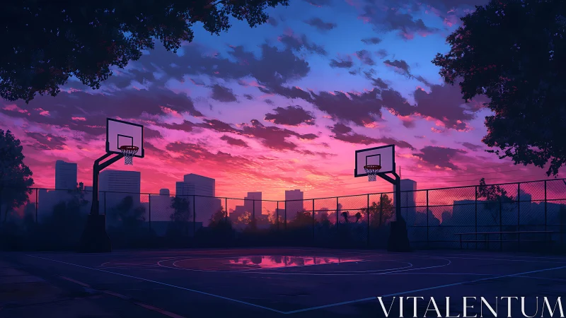 Sunset city basketball court under glowing twilight sky.