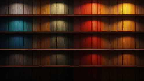 Digital bookshelf spectrum with staged accent lighting design.