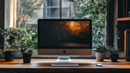 Sunlit forest desktop sanctuary framed by tranquil houseplants.