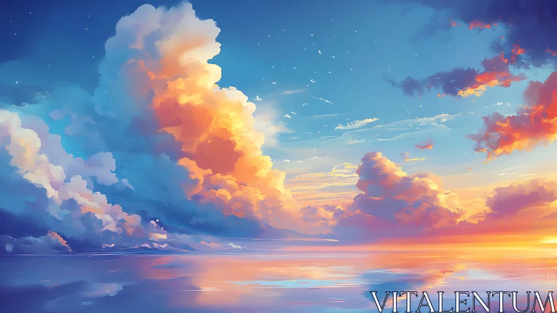 Digital painting seascape with luminous sunset cumulonimbus clouds.