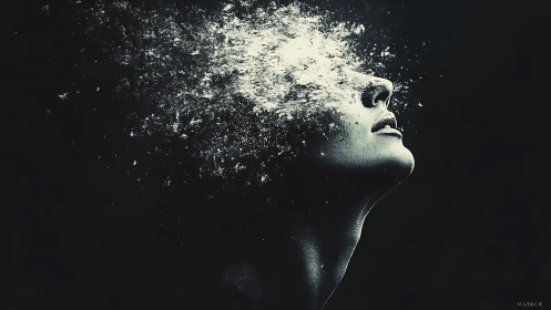 Shimmering human profile dissolves gently into cosmic dust