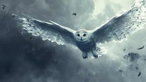 Majestic white owl soaring through stormy skies in digital art.