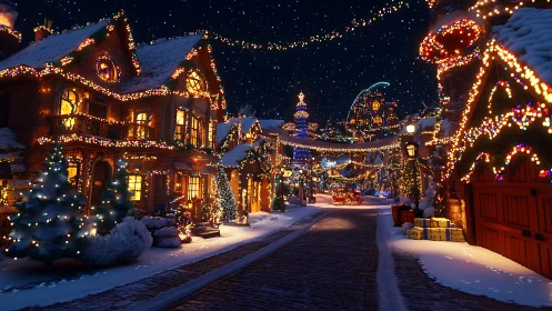 Snowy cobblestone Christmas village street with festive lighting