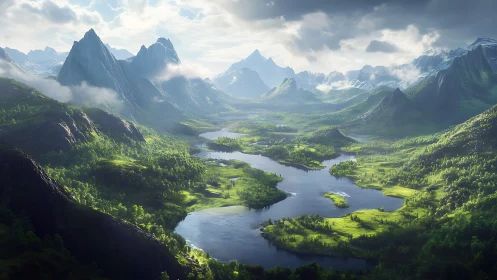 Digital painting of sunlit alpine river valley panorama.