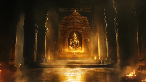 Golden deity shrine glows within monumental temple nave