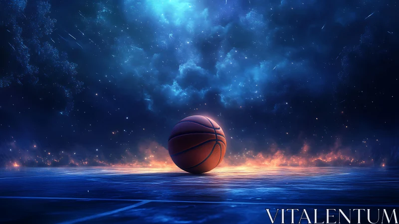 Basketball on glowing court under dramatic night sky.