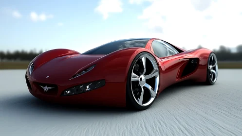 Red futuristic supercar renders reflect low-angle track lighting