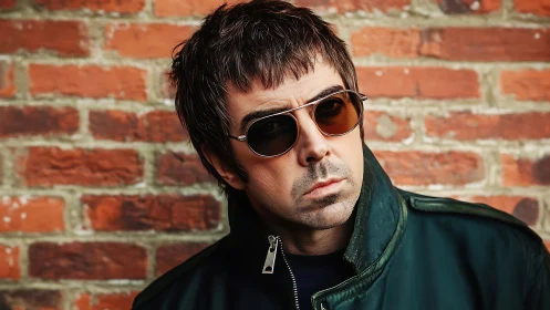 Brooding man in sunglasses leans against gritty brick wall