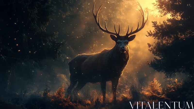 Majestic stag stands in glowing enchanted forest light.