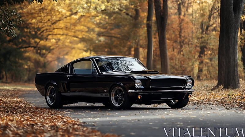 Classic black Ford Mustang parked on a quiet autumn road.