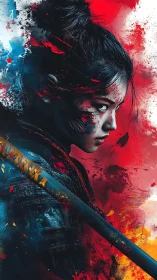 Warrior’s intense gaze cuts through splashes of battle color.