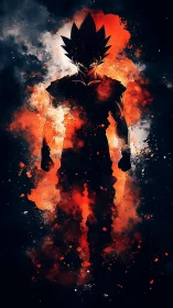 Anime silhouette with explosive red energy splash composition.