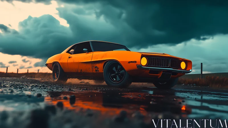 Muscle car blazes through stormy road under teal skies