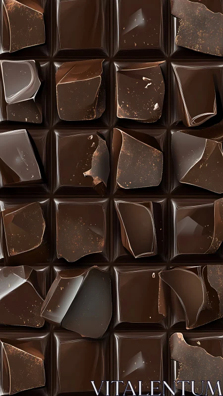 Photorealistic dark chocolate bar with fractured glossy squares.