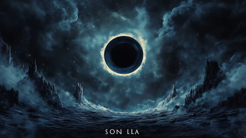 Eclipsed cosmic void above jagged alien seascape horizon.