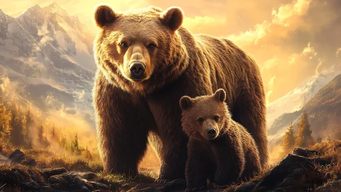 Golden-hour digital painting of grizzly bear and cub in alps