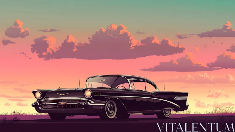 Retro coupe silhouette under gradient sunset sky illustration.