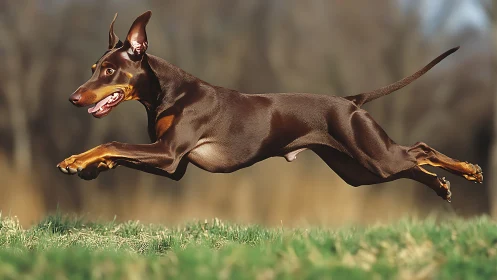 Doberman in mid-air horizontal leap across grassy field.