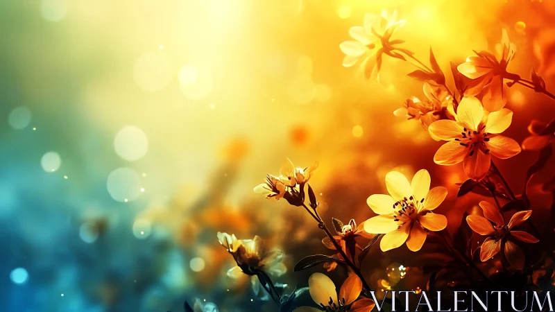 Golden Flowers Bloom Against Warm Sunset Gradient.