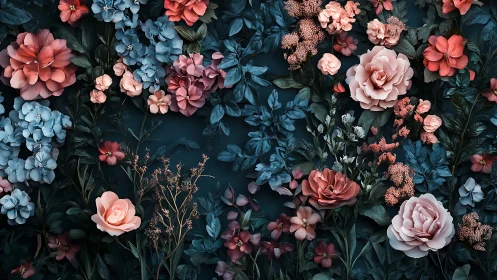 Moody Floral Garden with Coral and Blue Blooms.