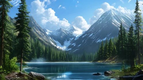 Snow-capped alpine peaks frame a still conifer lake panorama
