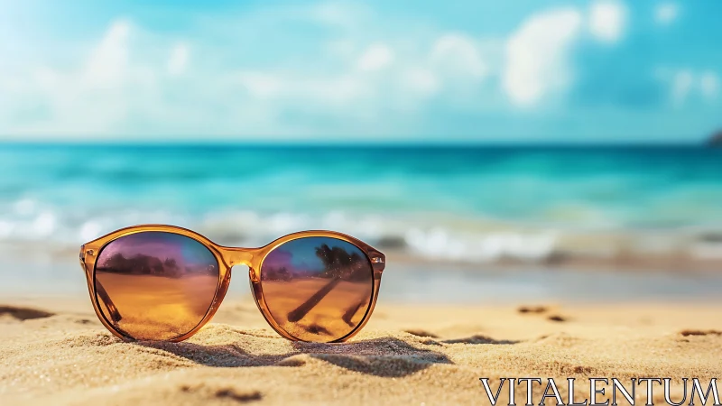 Sunglasses rest on sunlit beach sand beside blurred ocean