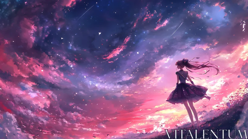 Stargazing silhouette under swirling magenta twilight sky.