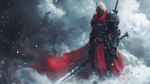 Stormlit black knight with crimson cloak and quiet fire.