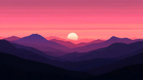 Stratified mountain silhouettes under a radial gradient sunset sky