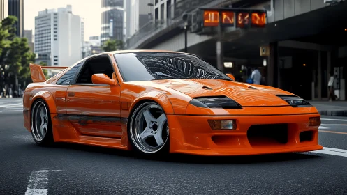 Street-tuned orange sports coupe under city overpass glow.